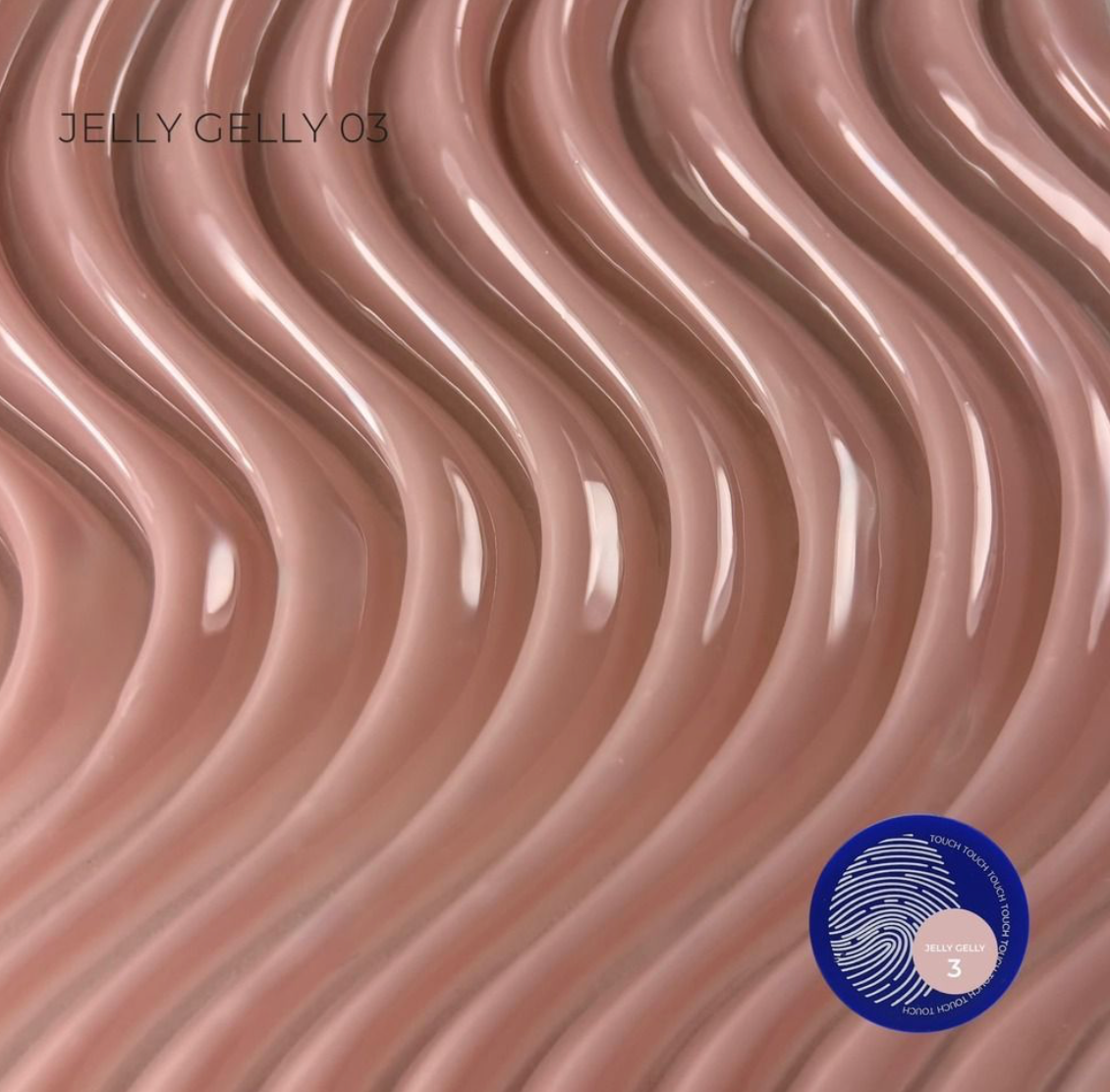A close-up of a glossy wavy surface in a dusty rose pink color, with the text 'JELLY GELLY 03' in the upper left and a blue circular swatch badge in the lower right.