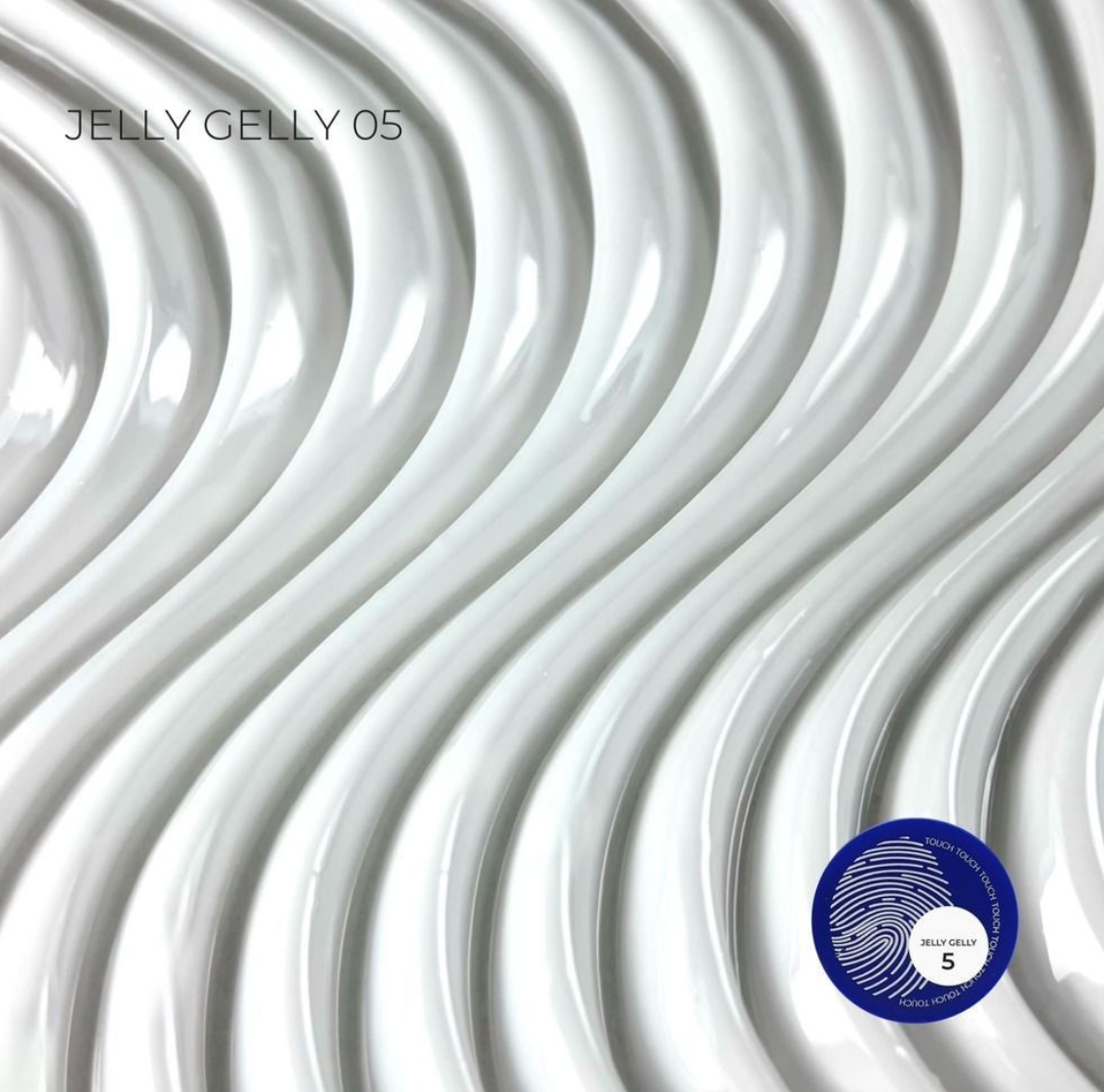 White glossy wavy textured surface with the text 'JELLY GELLY 05' in the upper left and a blue circular sticker in the lower right.