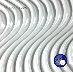 White glossy wavy textured surface with the text 'JELLY GELLY 05' in the upper left and a blue circular sticker in the lower right.