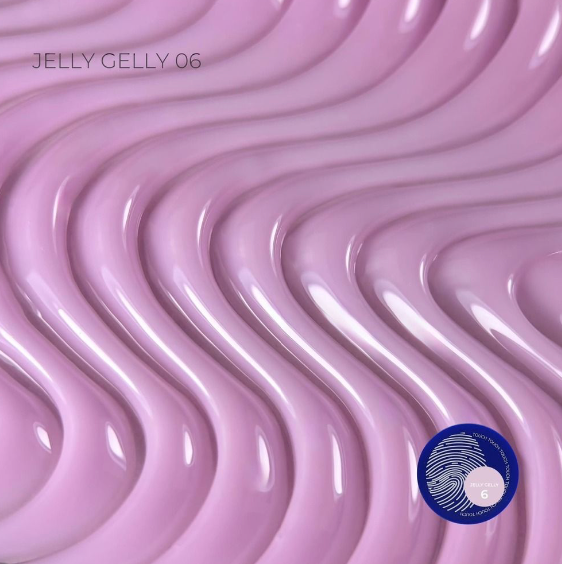 A glossy lavender-pink gel polish swatch with wavy, layered texture and text reading 'JELLY GELLY 06' in the upper left, plus a blue circular shade badge in the lower right.