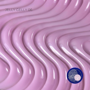 A glossy lavender-pink gel polish swatch with wavy, layered texture and text reading 'JELLY GELLY 06' in the upper left, plus a blue circular shade badge in the lower right.