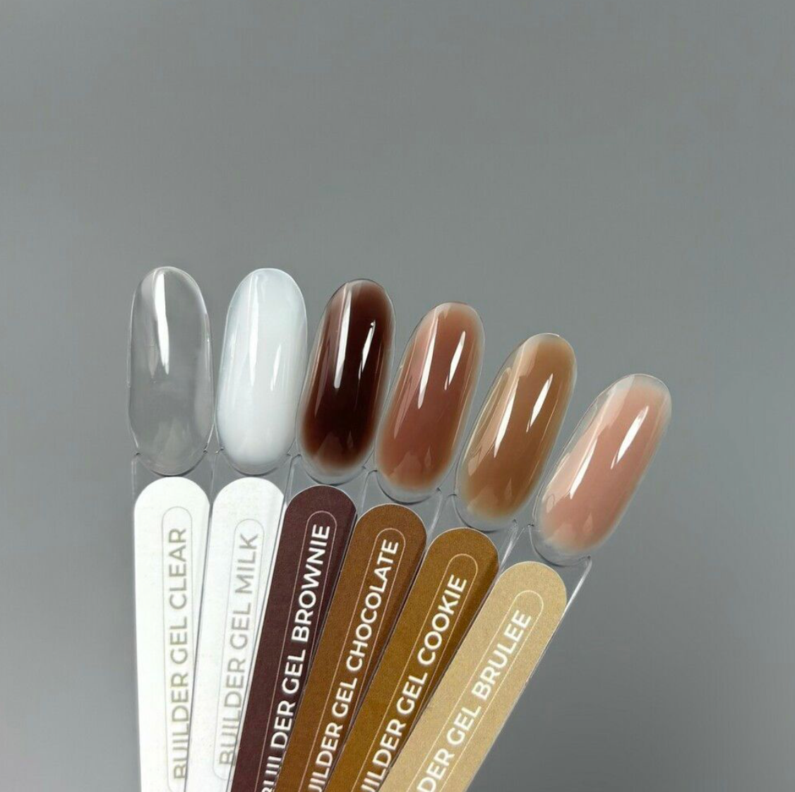 TOUCH Builder Gel color palette displaying white, beige, and brown shades on gray