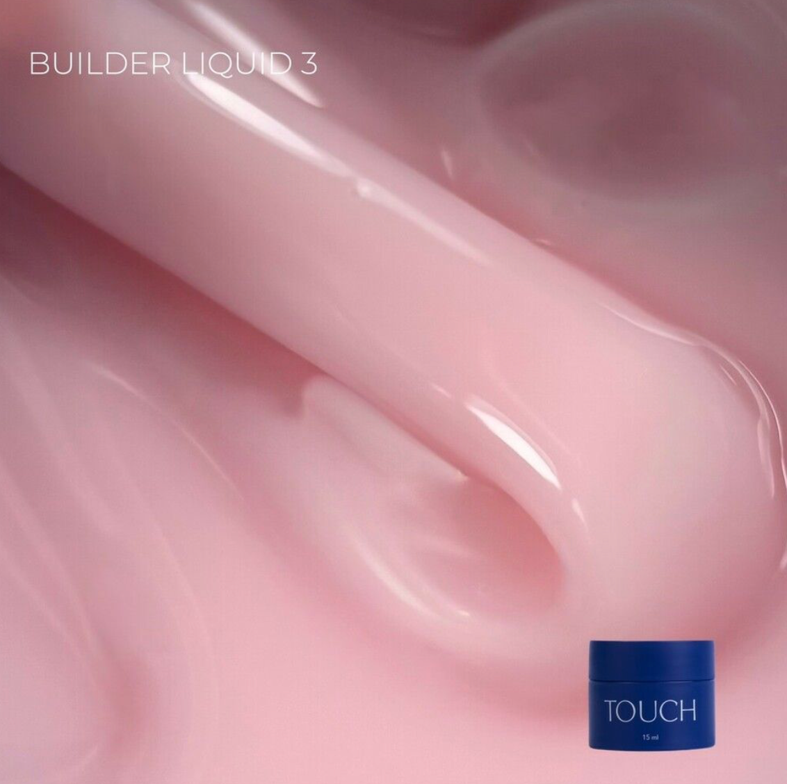 Pink liquid with a small blue container labeled 'TOUCH' on a pink background
