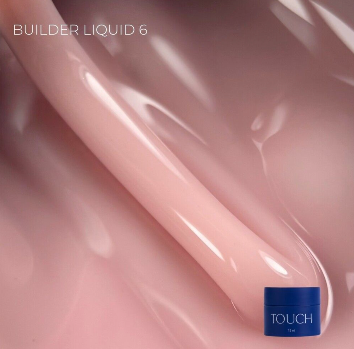 Nail polish bottle labeled 'TOUCH' with a blue cap on a pink background