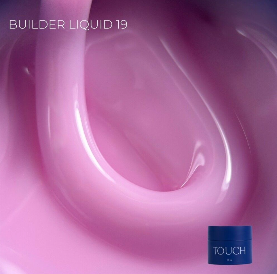 Pink liquid with a blue container labeled 'TOUCH' on a pink background