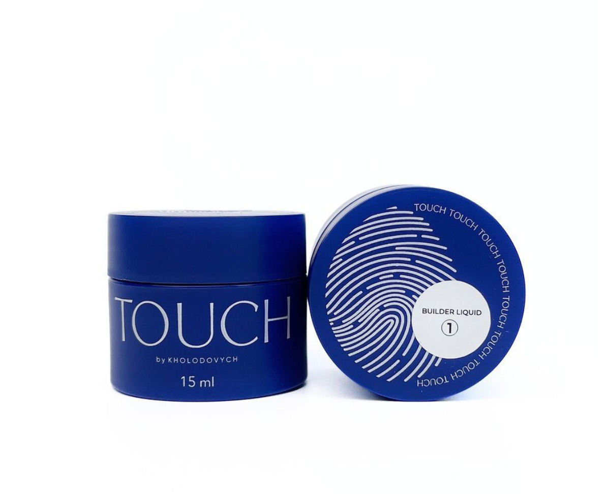 Blue cosmetic jar with 'TOUCH' branding on a white background