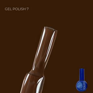 Nail polish bottle with a brown gel polish sample and a blue nail polish bottle on a brown background.