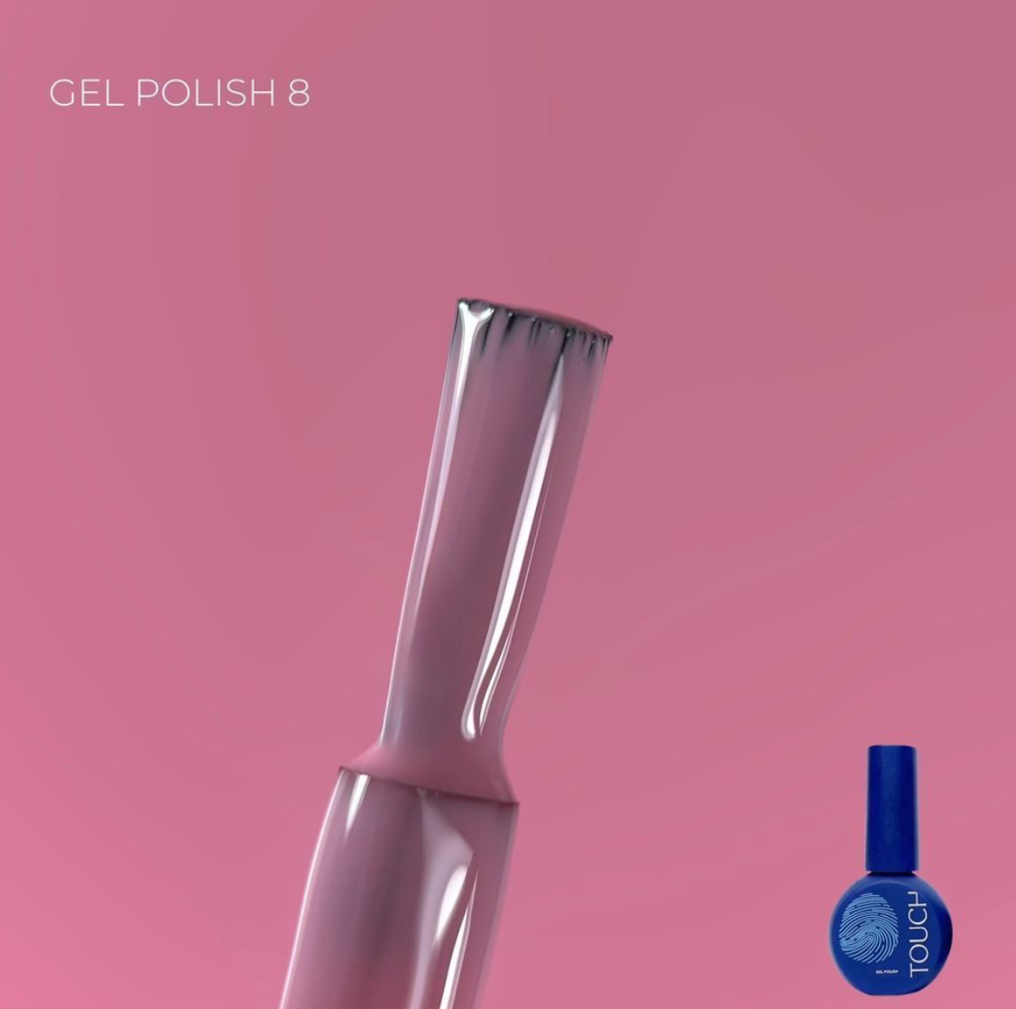 Nail art tool with a blue bottle labeled 'Touch' on a pink background