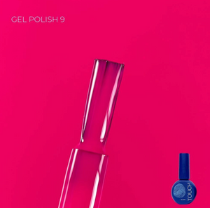 Purple gel polish bottle with reflection on a pink background