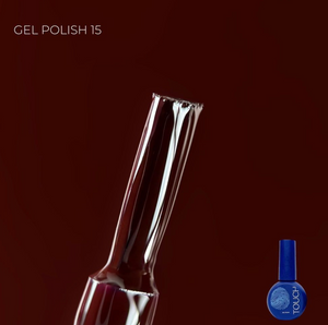 Nail polish bottle with a brown gel polish sample and Touch nail polish bottle on a dark background