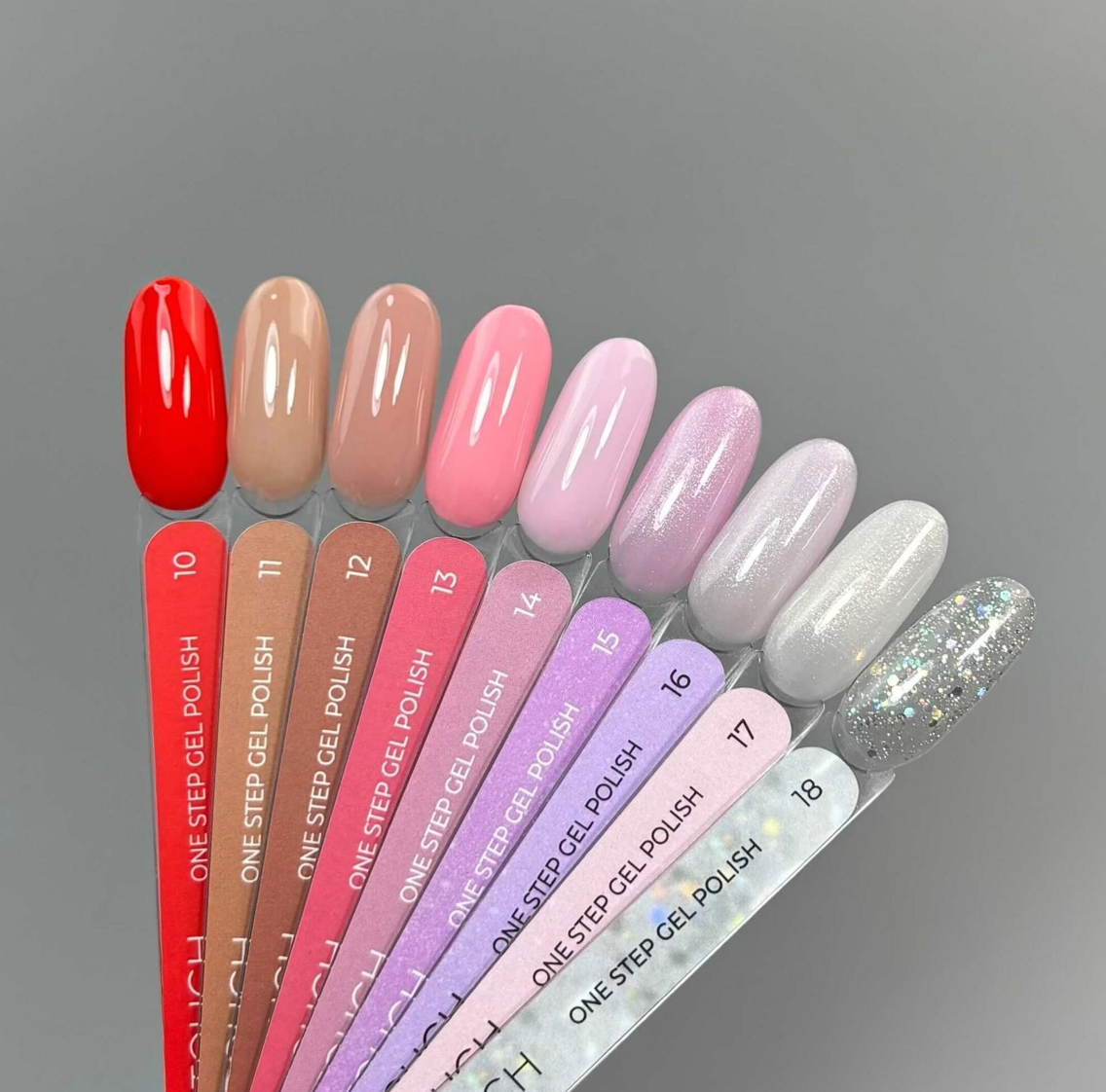 Set of one-step gel polish strips with various colors on a gray background