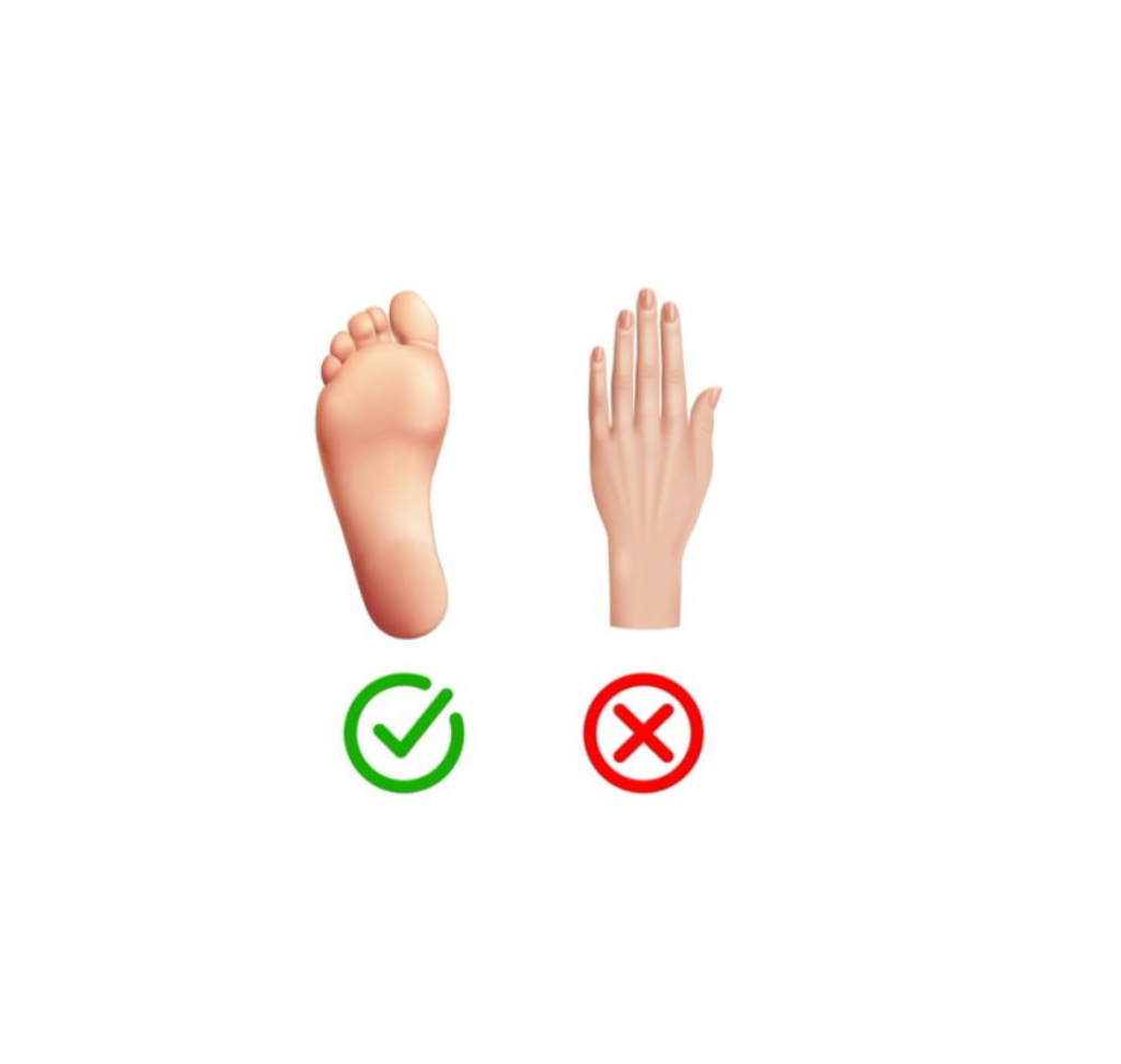 Illustration of a foot and hand with a green checkmark and red 'X' on a white background