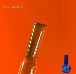 Gel polish bottle with a blue cap on an orange background