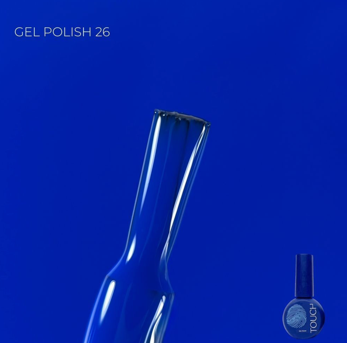 Blue gel polish bottle with a matching color swatch on a blue background