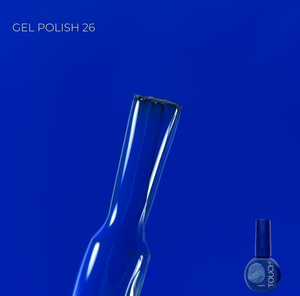 Blue gel polish bottle with a matching color swatch on a blue background