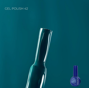 Gel polish bottle with a blue color swatch on a teal background