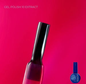 Black nail polish bottle with a red background and 'Gel Polish 10 Extract' text.
