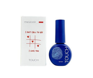 Blue nail polish bottle with packaging labeled 'TOUCH' on a white background