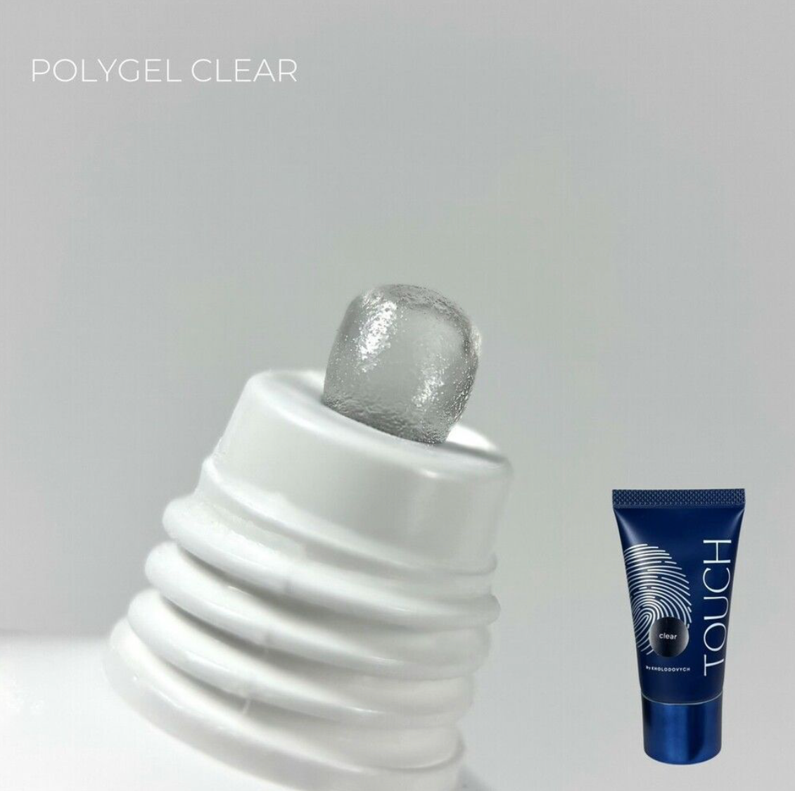 White textured bottle with silver cap and blue tube labeled 'TOUCH' on a gray background