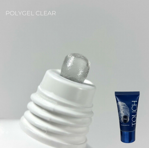 White textured bottle with silver cap and blue tube labeled 'TOUCH' on a gray background