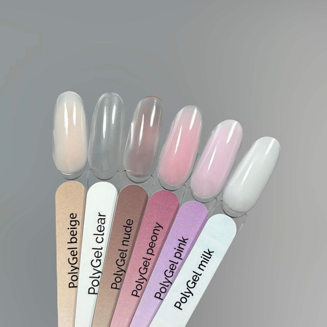 TOUCH Polygel color swatches showing Milk, Clear, and Pink shades on gray background