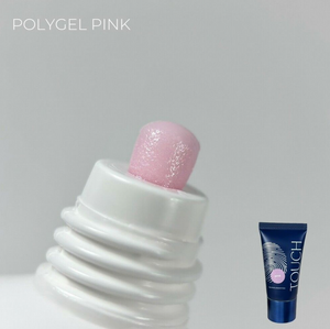 White bottle with pink polygel and blue tube labeled 'TOUCH' on a gray background